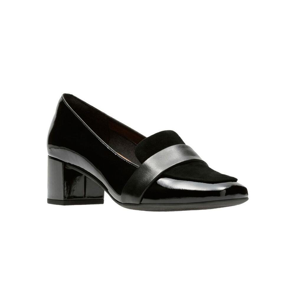 Clarks sz 11 Tealia Elva Pump Black Patent Leather Suede loafer heels SH15